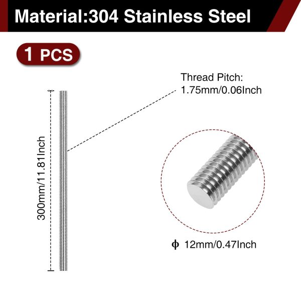 M12 Fully Threaded Rod Sunkoo 304 Stainless Steel 300mm Hand Stud-1