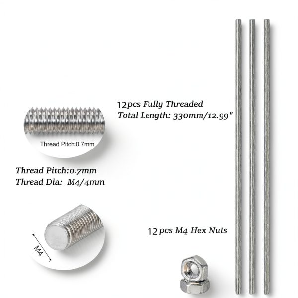 Total 24pcs 8/32 Inch M4 Threaded Rods and Studs, Include 12pcs 12.99" Fully Threaded Rods 12pcs Stainless Steel Hex Nuts, Right Hand Thread Bar for Clamps Hangers Beaded Garden Stakes-1